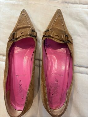 J. Crew Pointed Suede Flats in Brown with Pink Insole